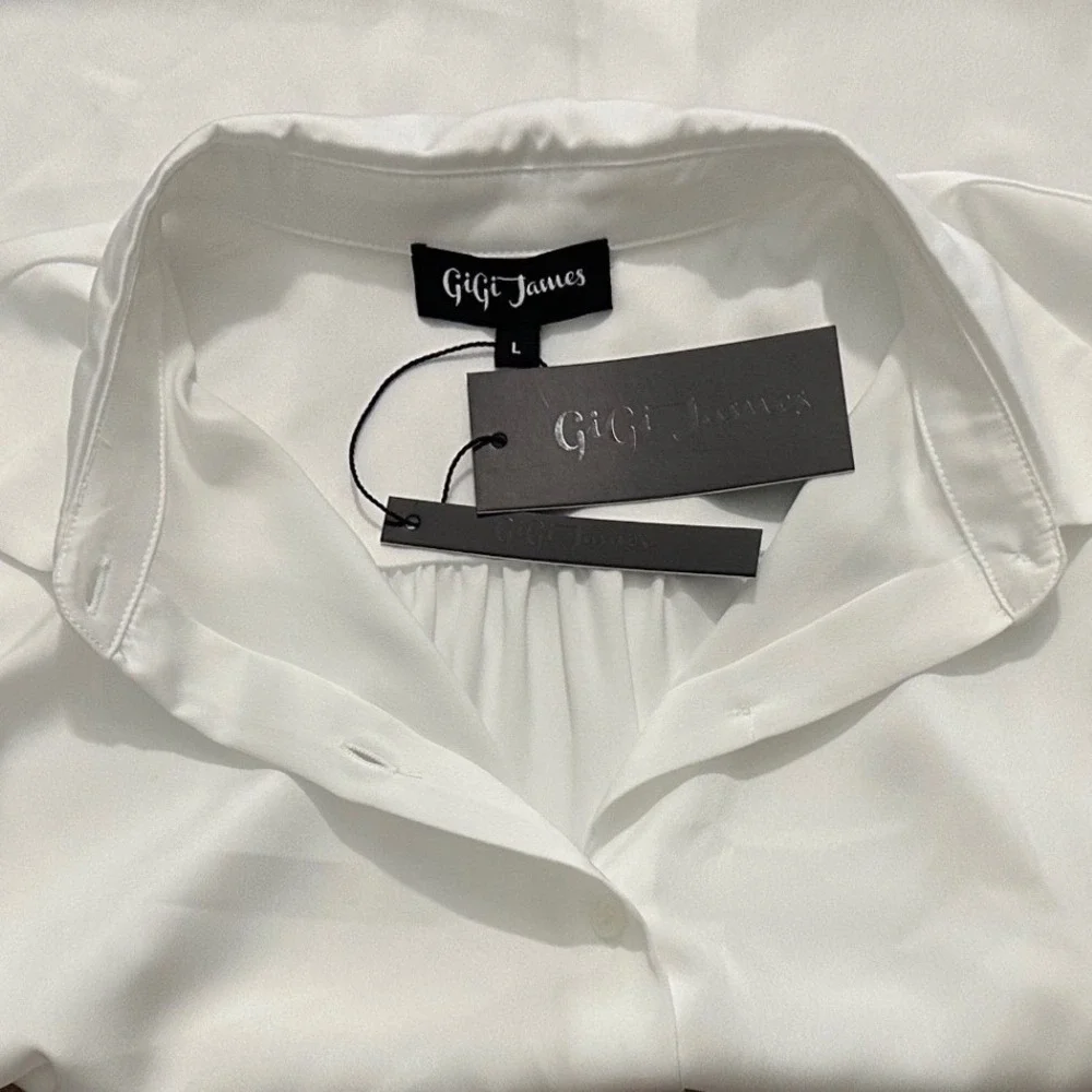 GiGi James Satin Puff Sleeve Button Down Subtle Sheen Blouse Large NWT $345 - Picture 4 of 6